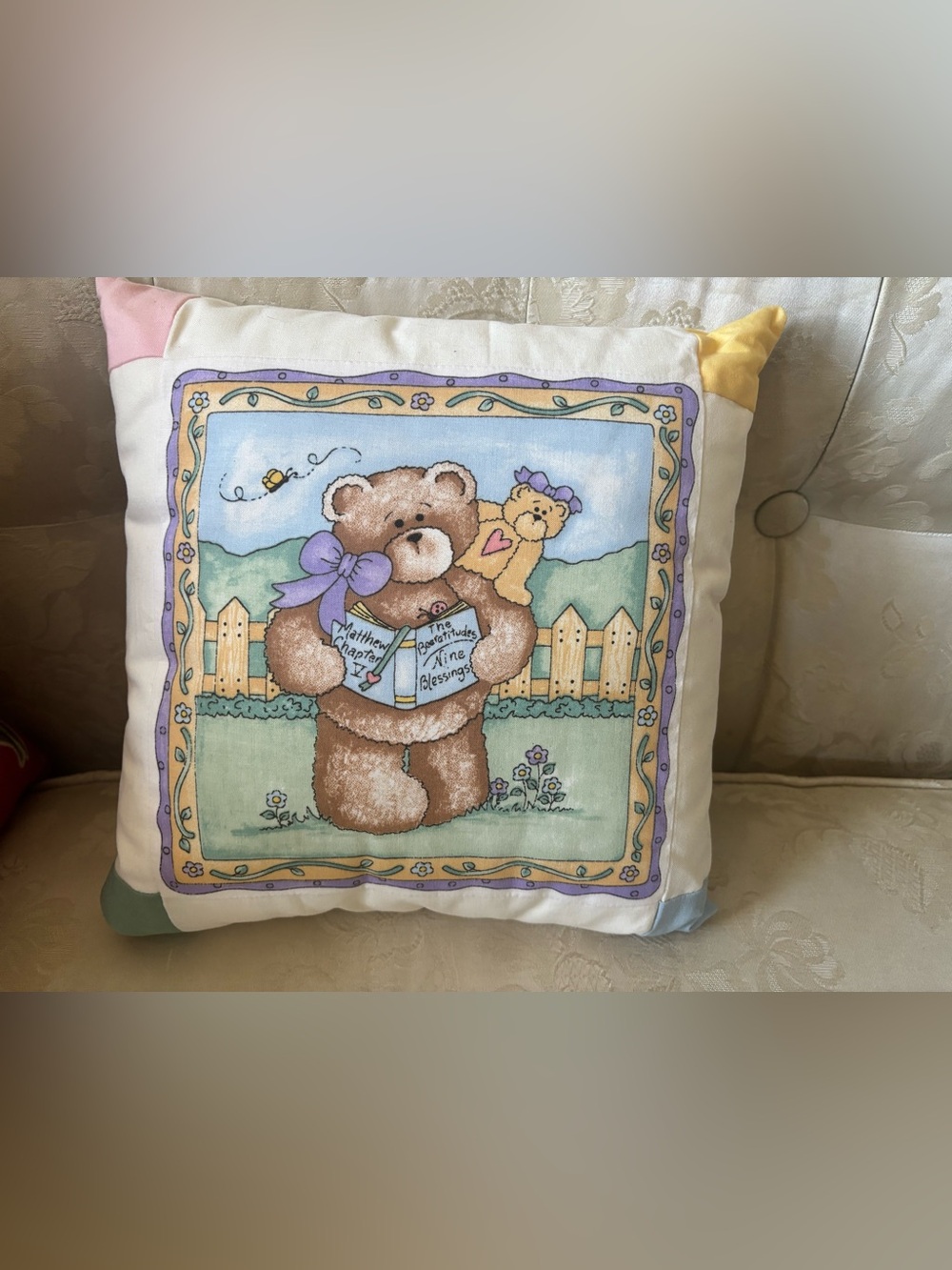 Handmade Christian Teddy Bear Decorative Pillow 11”x11.5” Beatitudes Matthew 5